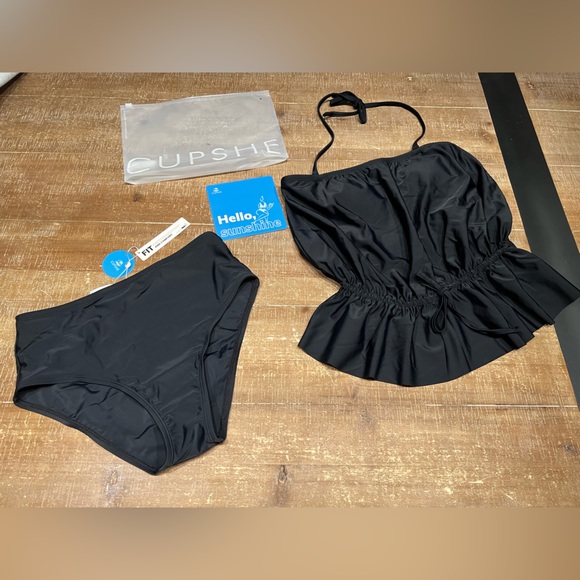 CUPSHE Ruched Flounce Halter Tankini & High Waist Bikini Set - Picture 3 of 7